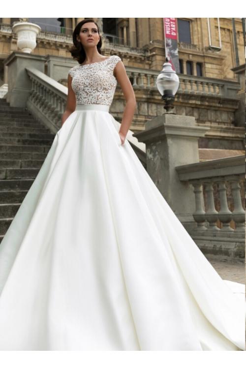 Illusion Lace Bodice A-line Satin Wedding Dress 