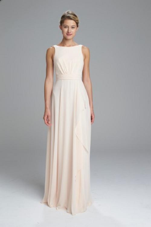 Sleeveless V Back Long Champagne Chiffon Bridesmaid Dress 