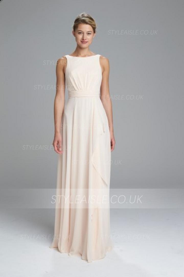 Sleeveless V Back Long Champagne Chiffon Bridesmaid Dress 