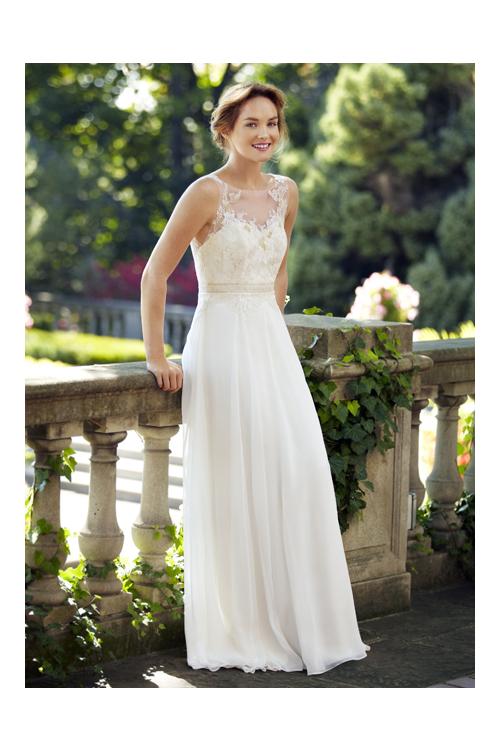 Illusion Neck Sleeveless Lace Bodice A-line Chiffon Wedding Dress with Ribbon 