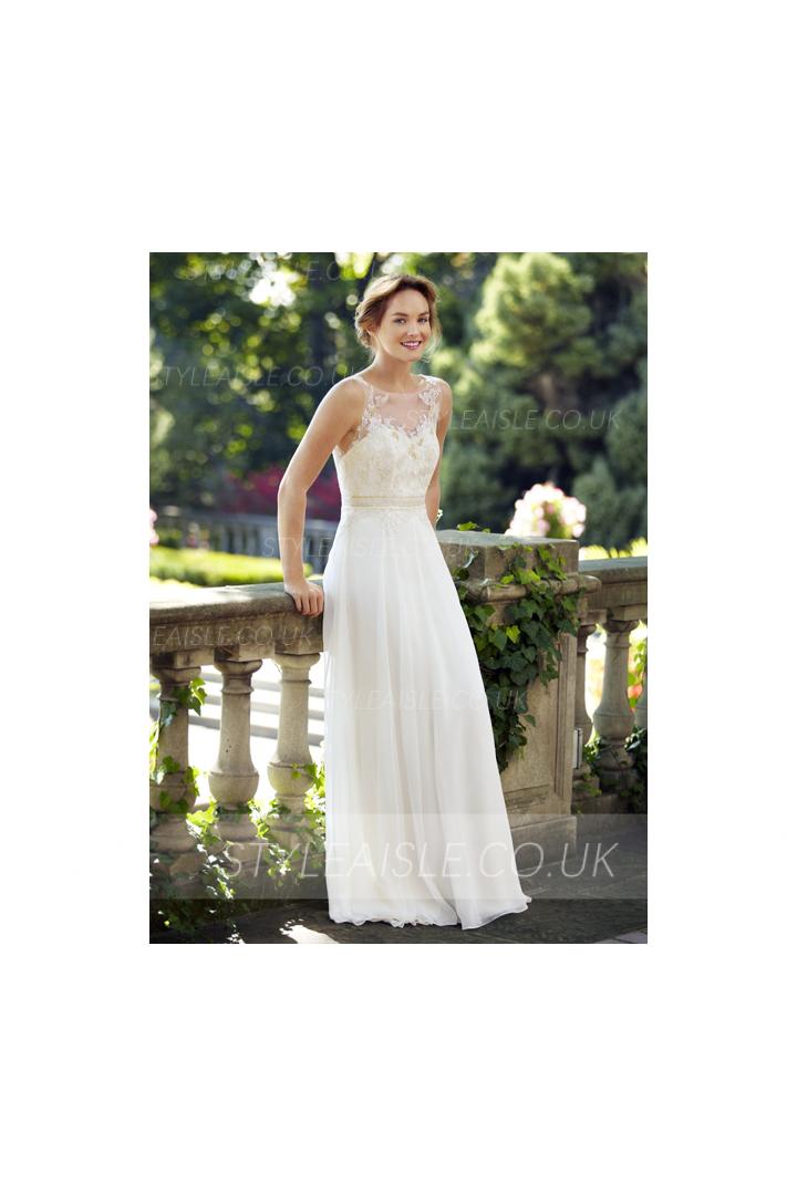 Illusion Neck Sleeveless Lace Bodice A-line Chiffon Wedding Dress with Ribbon 
