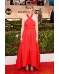 Red Sleeveless Halter Neck A-line Puffy Red Satin Prom Dress 