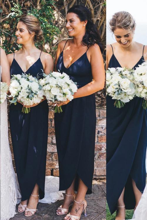 Cheap V-neck Sleeveless Split Ankle-length Simple Long Chiffon Bridesmaid Dresses