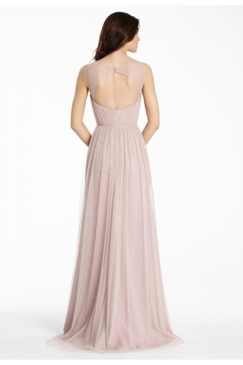Pink Illusion V Neck A-line Tulle Long Bridesmaid Dress 