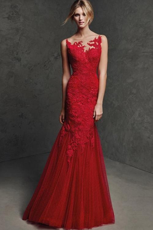 Floor-length Trumpet/Mermaid Bateau Neck Long Tulle Wedding Guest Dresses with Lace Appliques