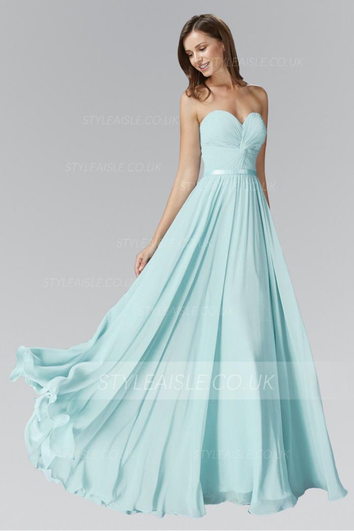 Beach Long Chiffon Strapless Sweetheart Pleated Bridesmaid Dress with Ribbon