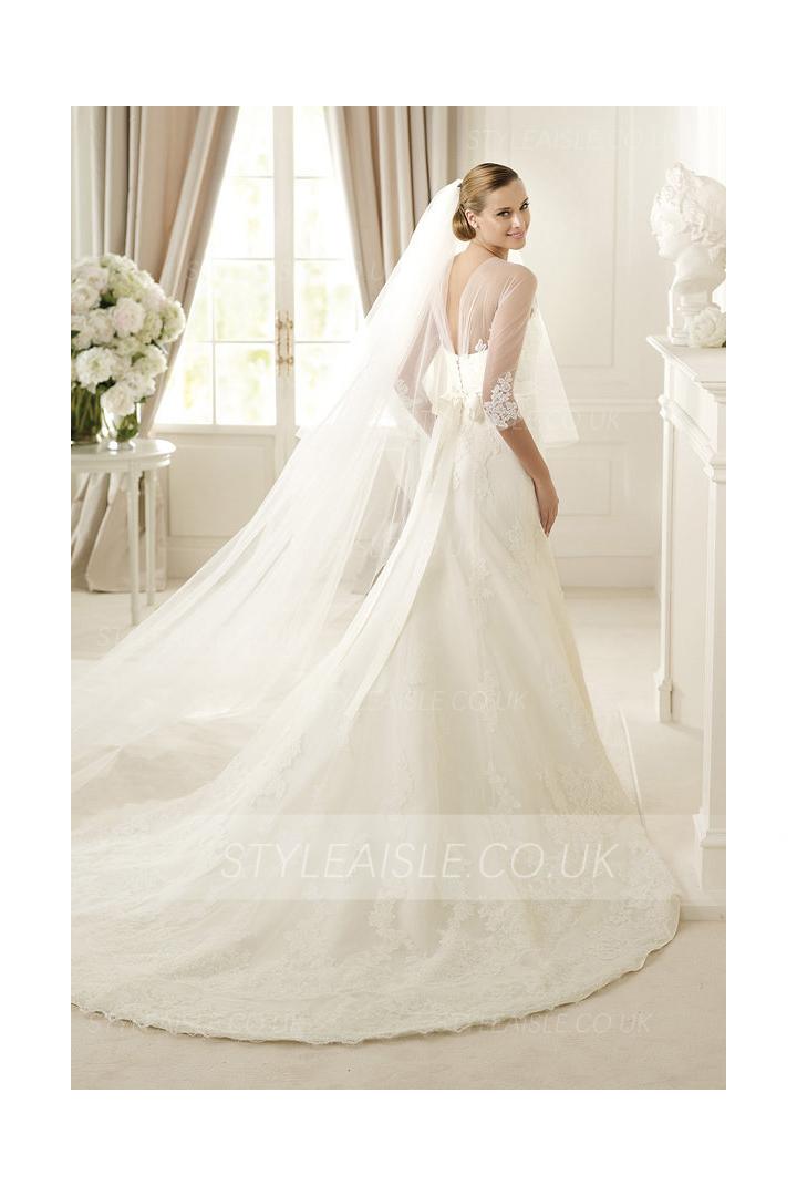 3/4 Sleeved Illusion Neck Lace Patterns overlay Tulle Wedding Dress 