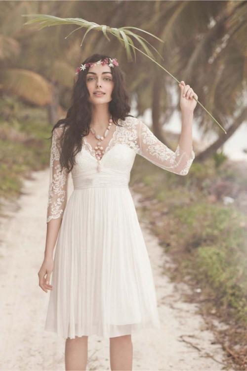 Charming A-line V Neck 3/4 Length Sleeve Short Chiffon Wedding Dress