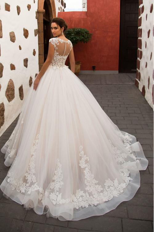 Vintage Illusion Neck Lace Pattern Blush Tulle Wedding Dress Cap Sleeves