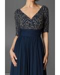  Designer A-line V-neck Half-Sleeves Beading Sweep/Brush Train Long Cocktail Dresses with Ruching Waist