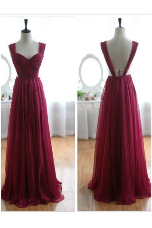 Shoulder Straps Pleated Bodice Side Cut Out A-line V Back Chiffon Trendy Prom Dress 