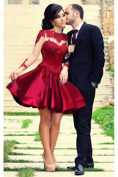 A-line Jewel Neck Stretch Satin Short/Mini Long Sleeved Ruby Red Prom Dresses 