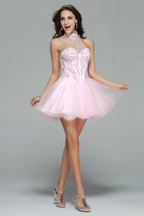 Sparkling Beaded Sleeveless High Neck Blushing Pink Tulle Short Prom Dress　