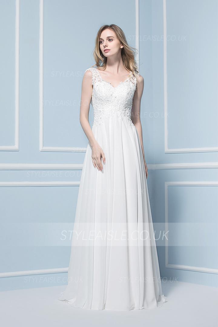 Elegant V-neck Sequin Lace Sweep/Brush Train Chiffon Wedding Dresses