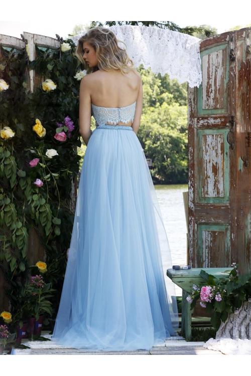 Chic High Neck Two Piece Sleeveless Low Back Tulle Prom Dress with Lace Bodice 