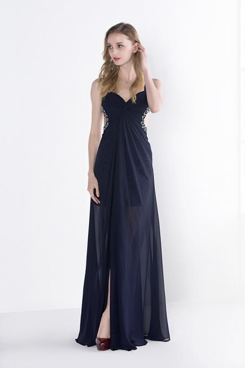 Sexy A-line Shoulder Straps Beading Long Navy Chiffon Prom Dress