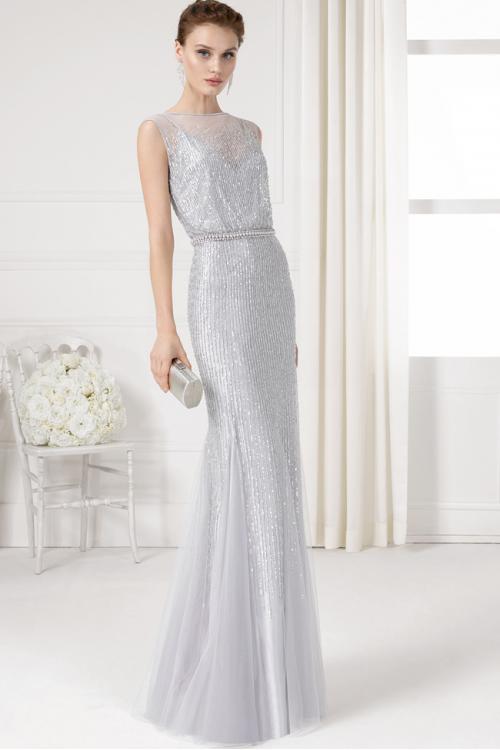 Illusion Bateau Neck Silver Sequin Beaded Sheath Tulle Bridesmaid Dress 