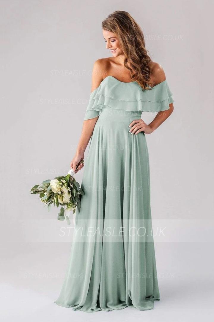  A-line Strapless Sleeveless Ruffles Floor-length Long Chiffon Bridesmaid Dresses