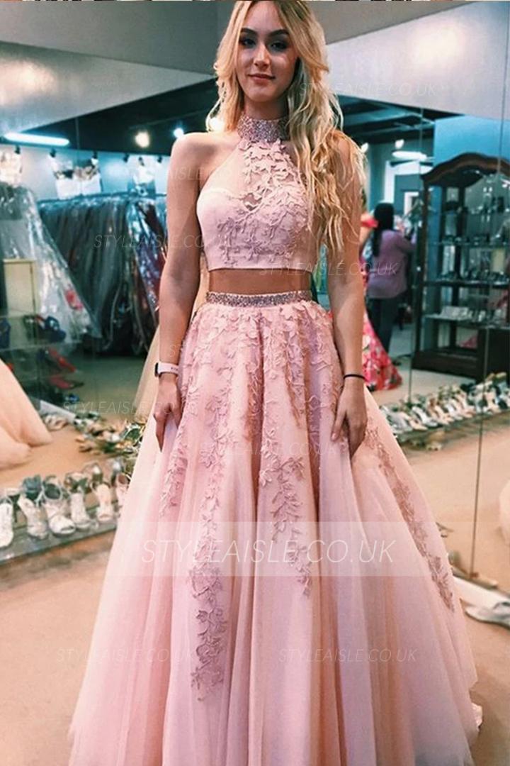 Elegant Two-Piece Halter Neckline Lace Appliques Floor-length Long Tulle Prom Dress