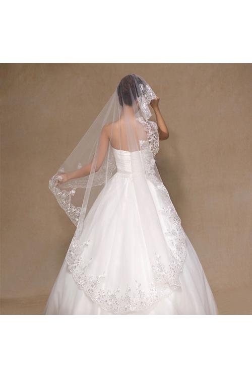 Charming Ivory One-Tier Sequins Lace Tulle Wedding Veils