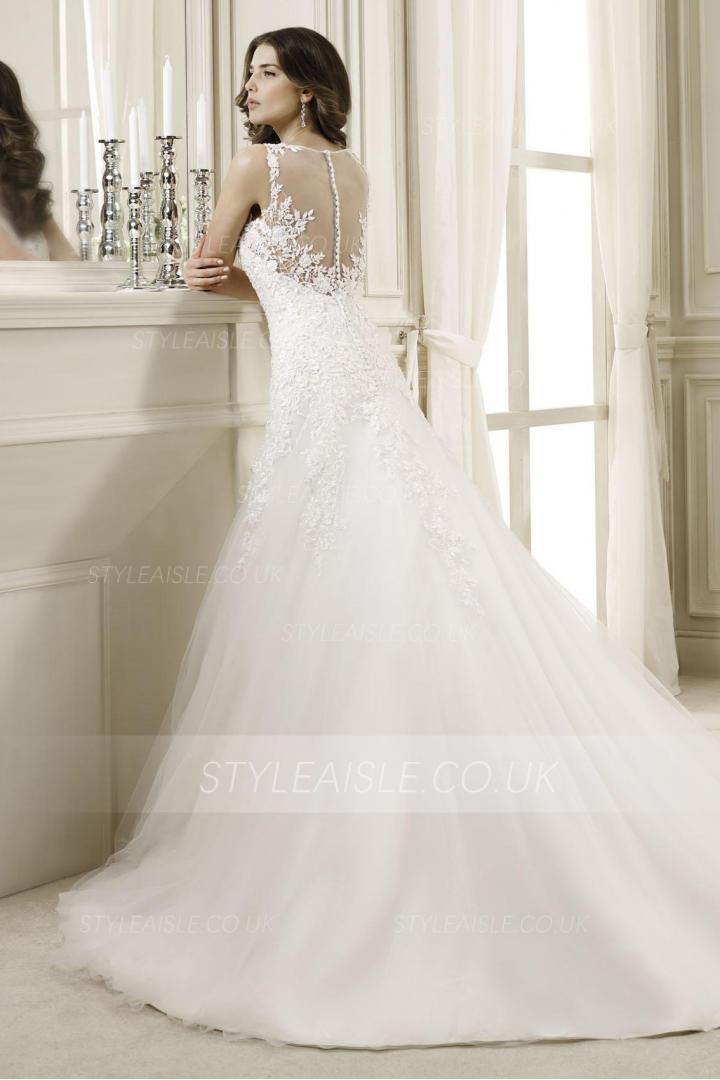 Charming A-line Bateau Straps Lace Sweep/Brush Train Tulle Wedding Dresses