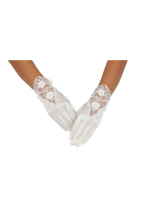 Short Ivory Wedding Gloves With Exquisite Lace Embroider On The Back Of Hand 2BL