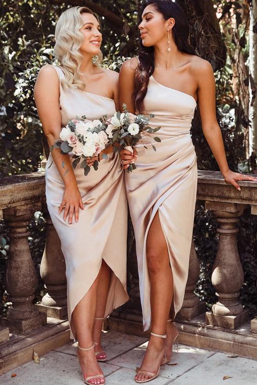 Simple One Shoulder Sleeveless Split Ankle-length Long Blush Stretch Satin Bridesmaid Dresses