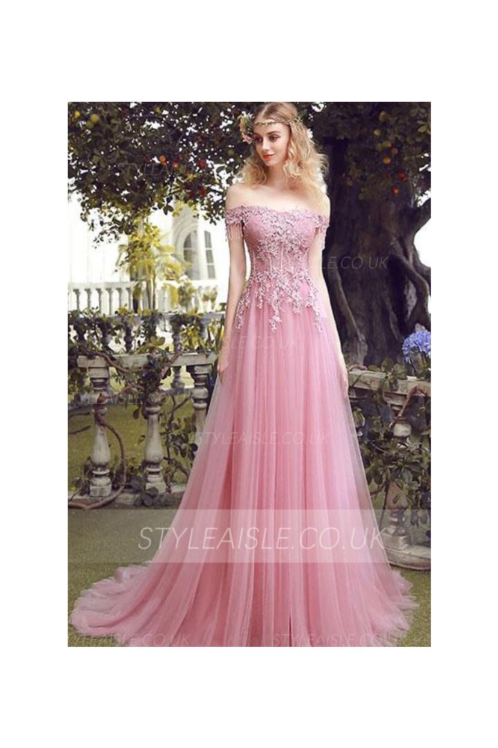 Off Shoulder Lace Embroidery Long A-line Pink Tulle Prom Dress Lace Up