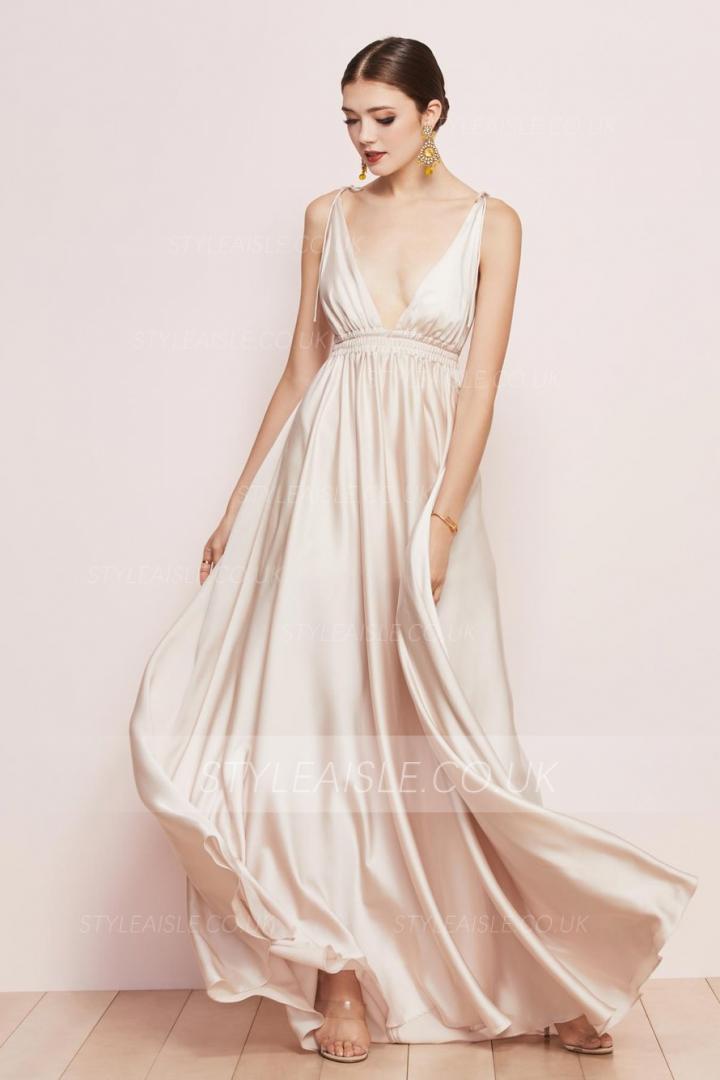  A-line Deep V-neck Sleeveless Ruching Empire Waist Floor-length Long Charmeuse Prom Dresses