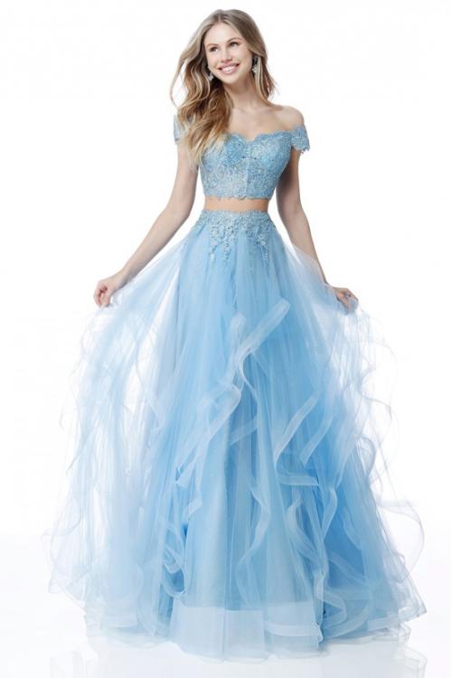 Modern Two Piece Sequin Lace Off Shoulder Long Sky Blue Tulle Prom Dress