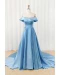  Ball Gown Off-the-shoulder Short Sleeve Ruching Court Train Long Satin Prom Dresses