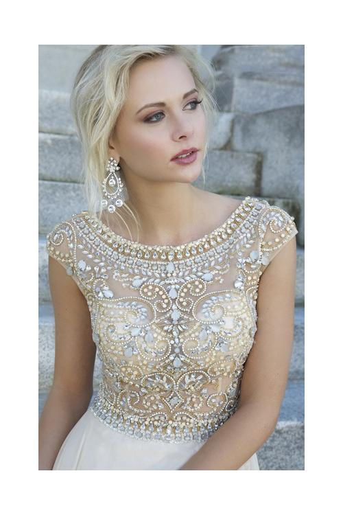 Scoop Neck Cap Sleeve Sparkle Beaded Long Chiffon A-line Prom Dress 