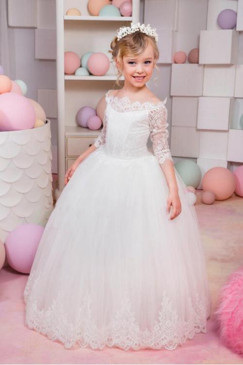  Princess Off-the-shoulder Half Sleeve Lace Floor-length Long Tulle Flower Girl Dresses