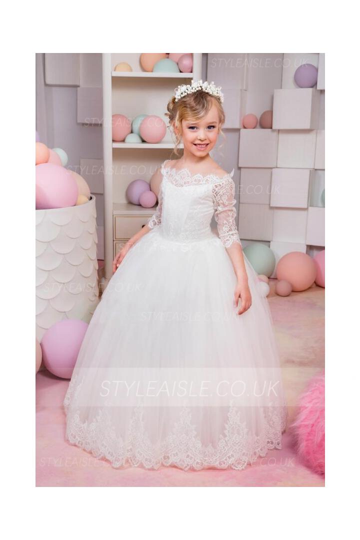  Princess Off-the-shoulder Half Sleeve Lace Floor-length Long Tulle Flower Girl Dresses