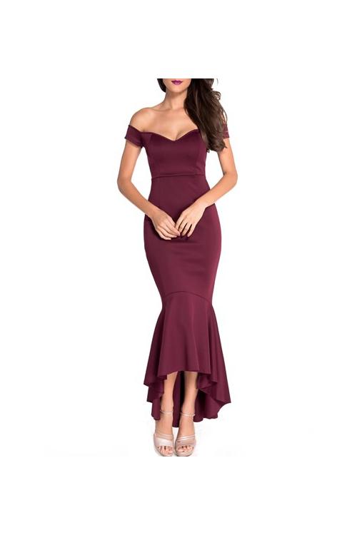 Mermaid Burgundy Off Shoulder Satin Tea Length Prom Dress 