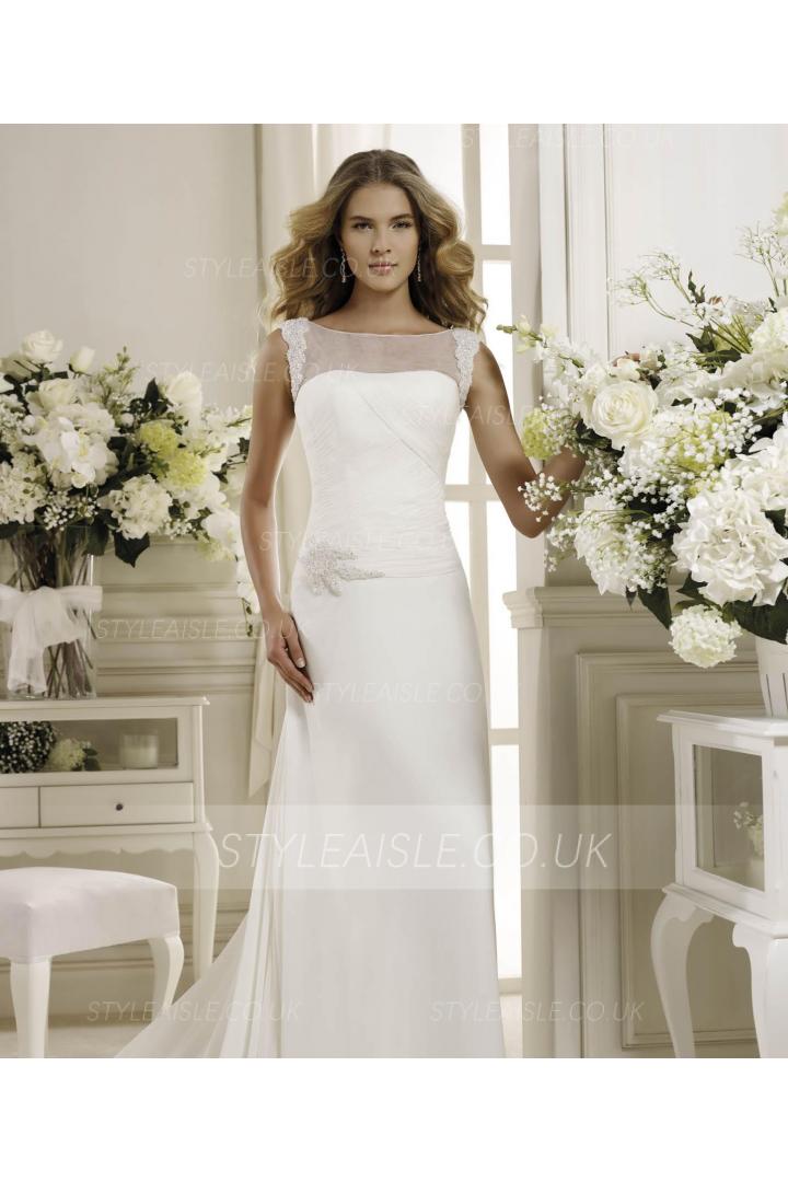 Simple Sheath/Column Bateau Straps Beading Sweep/Brush Train Chiffon Wedding Dresses 