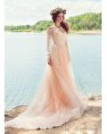 Vintage Long Sleeve Lace Bodice Blush Tulle Beach Wedding Dress