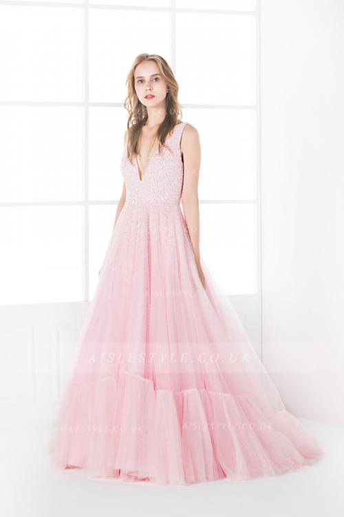 Sparkly Beading V Neck Sleeveless A-line Pink Tulle Prom Dress