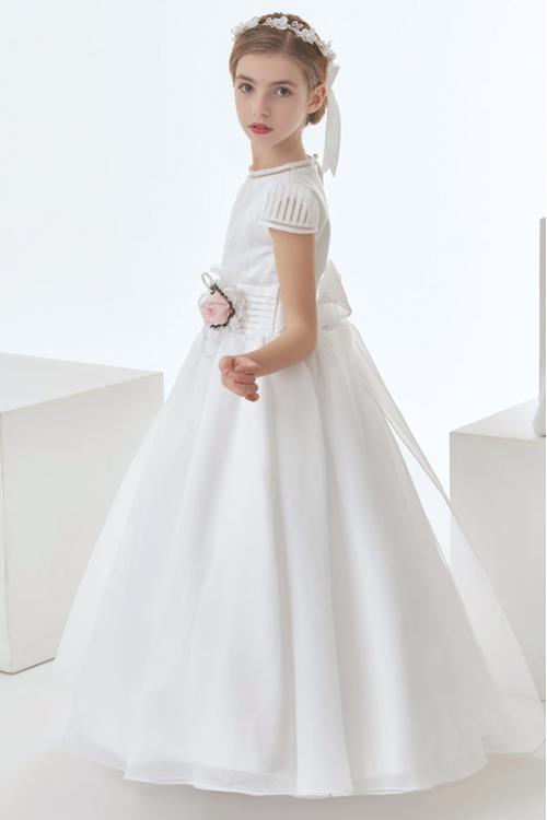 Jewel Neck Short Sleeve A-line Organza Long First Communion Dress with Flower 