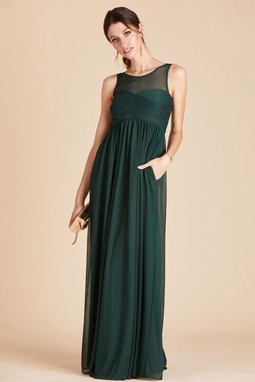  A-line Bateau Neck Sleeveless Ruching Empire Waist Floor-length Long Chiffon Maternity Bridesmaid Dresses with Pockets 