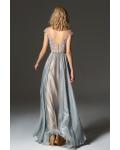  A-line Bateau Neckline Cap Sleeves Buttons Lace Floor-length Long Chiffon Prom Dresses
