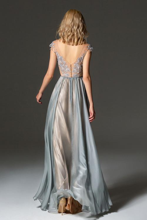  A-line Bateau Neckline Cap Sleeves Buttons Lace Floor-length Long Chiffon Prom Dresses