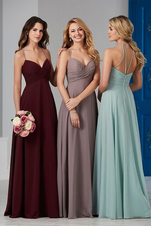  A-line Beading Spaghetti Straps Sleeveless Empire Waist Ruching Floor-length Long Chiffon Bridesmaid Dress