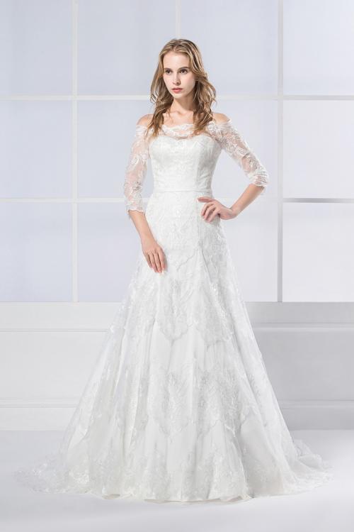  A-line Off-the-shoulder Half Sleeve Lace Sweep/Brush Train Wedding Dresses