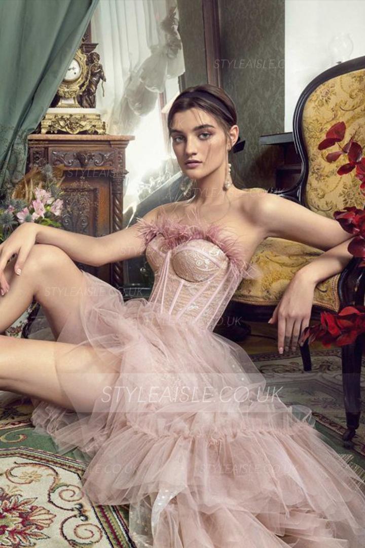  A-line Strapless Sleeveless Feathers Lace Asymmetrical/High Low Long Prom Dress