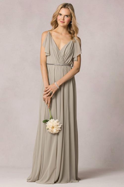 Casual V Neck Pleated A-line Long Chiffon Bridesmaid Dress with Sash 