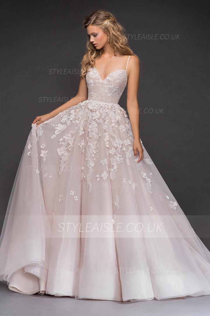 Elegant Cheap A-line Spaghetti Straps Sweetheart Sleeveless Lace Appliques Court Train Long Tulle Wedding Dresses