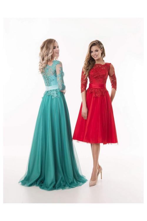 Chic Vintage Half Sleeves A-line Red Tulle Coast Prom Dress