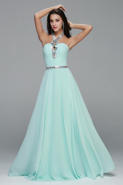 Unique Beading Front A Line Long Chiffon Prom Dress 