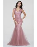 Sparkling Beaded Shoulder Straps Beading A-line Rose Pink Tulle Prom Dress 